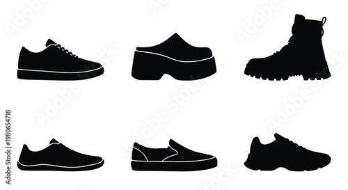 Black footwear silhouettes collection, set of 6 shoe icons including sneakers and boots, minimalist fashion footwear vector elements for retail