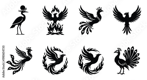 Mythical phoenix bird silhouettes set, 8 black heraldic eagle and peacock icons, ancient fire bird vector graphics for logo design and branding