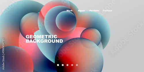 Abstract geometric shapes overlap, creating vibrant color gradients. Text displays Geometric Background with navigation options above. Minimalist design.