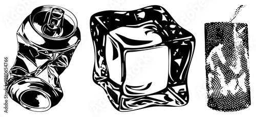 Crushed aluminum can, transparent ice cube, carbonated beverage with straw, black and white graphic, vector illustration, soda drink, cold refreshment, beverage.