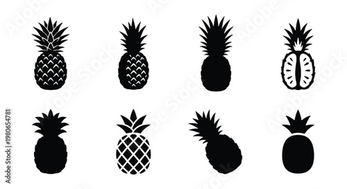 Pineapple silhouette icon set, tropical fruit vector collection with 8 elements, black pineapple shapes for summer branding and food menu design