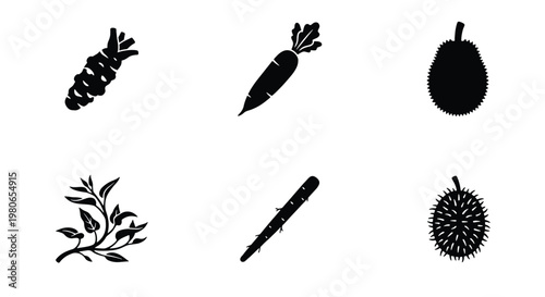Canvastavla Minimalist black vegetable icons set, organic root vegetables and exotic fruit s