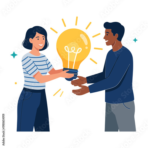 Two people sharing a bright lightbulb idea in a creative moment