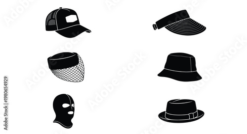 Black headwear silhouette icons set, 6 vector hat illustrations including baseball cap and bucket hat, fashion accessory headgear collection
