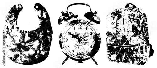 Retro alarm clock with bells, baby bib with textured, worn backpack, halftone vector art, black and white, isolated objects.