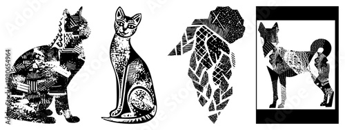 Vector illustrations of cats and dog rendered with fragmented halftone textures, graphic design art, abstract animal forms,, silhouette art.