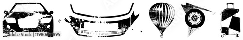 Stylized travel and transport with distressed texture, including car front, hot air balloon, and rolling suitcase, rendered in high contrast.