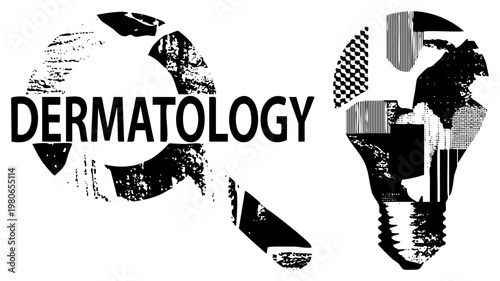 Medical specialty symbolizing skin analysis and innovation, dermatology, skin health emblem, magnifying glass and bulb design, halftone and distressed style.