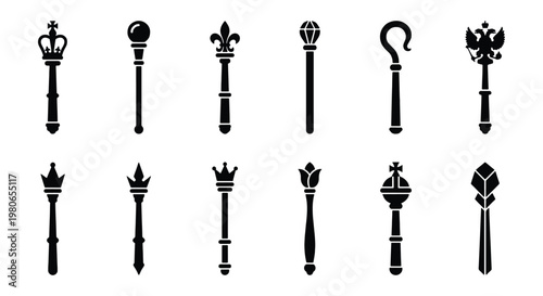 Royal scepter icon set, 12 black silhouette monarch wands, medieval king and queen ceremonial staff collection, fantasy game power symbols