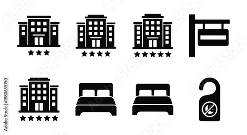 Hotel icon set with star ratings and accommodation symbols, black flat vector building icons, travel and lodging signage for maps and apps