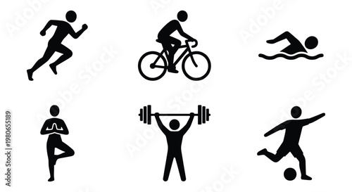 Minimalist sports icons set, black silhouette athlete pictograms for triathlon and fitness, 6 vector elements for gym and competition signage