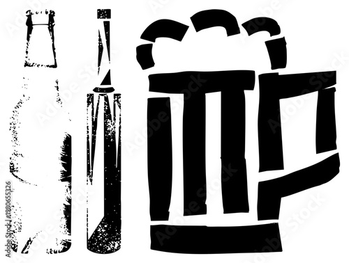 Stylized black silhouettes of drinking vessels, including beer mug with foam, bottle with cap, and flask, minimalist vector design.
