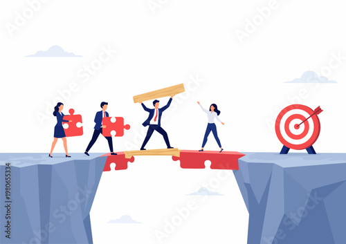Business team building a bridge with puzzle pieces to cross a gap, symbolizing teamwork, problem solving, and strategy. Professionals overcoming obstacles to reach a target goal in modern flat vector 