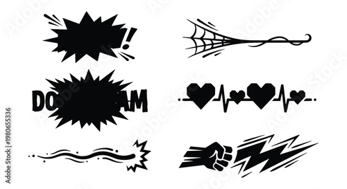 Comic book action elements set, black and white pop art speech bubbles and sound effects, hand drawn superhero style vector icons