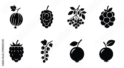 Minimalist berry icon set with 8 vector elements, black silhouette fruit collection, organic garden berries for food packaging and menu design