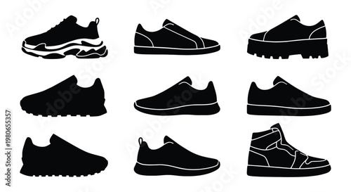 Minimalist sneaker silhouette collection, set of 9 black footwear icons, modern athletic shoe vector illustrations for fashion design and retail