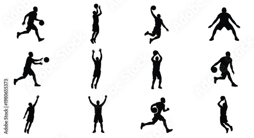 Basketball player silhouettes set, 12 action poses of athletes playing ball. Professional basketball players jumping, dunking and dribbling vector icons.