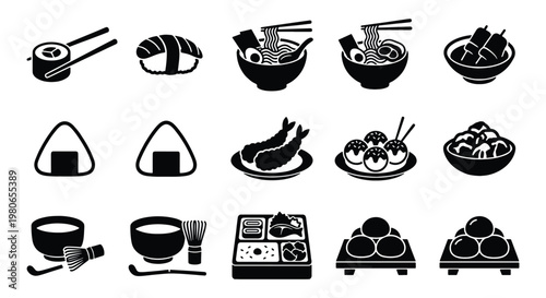 Japanese food icon set with 15 black vector elements, sushi and ramen noodle bowl illustrations, traditional bento box and matcha tea symbols