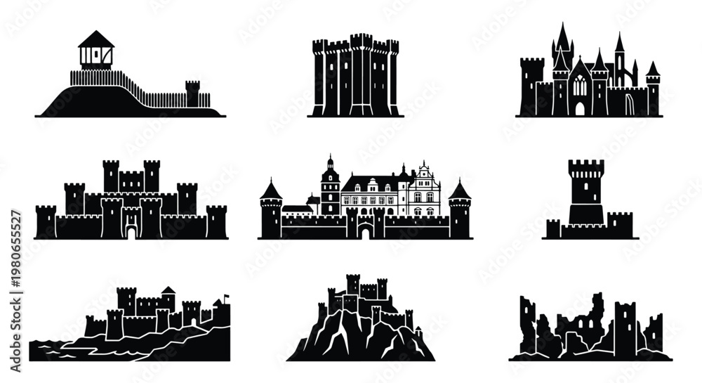 Fototapeta premium Medieval castle silhouettes set, 9 black fortress icons and palace vectors, ancient gothic citadel and kingdom ruins, historical architecture elements