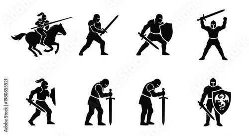 Medieval knight silhouette collection, 8 black warrior icons with swords and shields, ancient soldier vector set for gaming and historical design