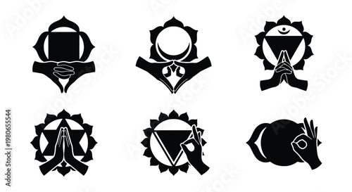 Sacred chakra symbols with mudra hand gestures, black yoga icons set of 6 vectors, spiritual meditation and energy healing graphics for wellness