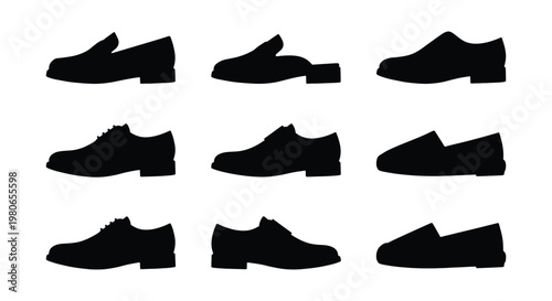 Formal men's shoe silhouettes, set of 9 classic footwear icons. Black leather dress shoes and loafers vector collection for fashion design.