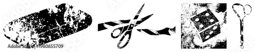 Black and white halftone scissors cutting ribbon, distressed dice with pips, grunge texture overlay, graphic design elements, vector cutout.