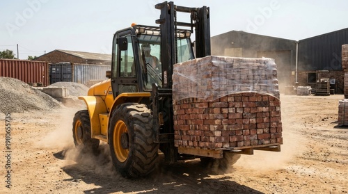 Forklift Transporting Bricks on Dusty Construction Site