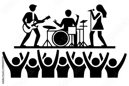 Minimalist black vector icon of a live music band performing on stage in front of a cheering crowd. Clean silhouette graphic featuring a guitarist, drummer, and singer, ideal for concert