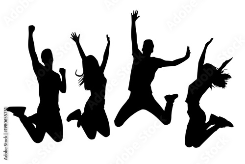 High-contrast silhouette of a diverse group of four young friends jumping in the air with joy. Energetic black and white graphic depicting celebration, success, and freedom, featuring people in dynami