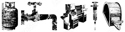 Mechanical set gas tank, valve, press, syringe, funnel in bold halftone vector style with stippled shading, ideal for technical or industrial design.