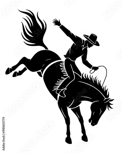 Cowboy riding bucking bronco horse at rodeo with one arm raised, dynamic western silhouette with flowing mane, bold minimalist black illustration isolated on background