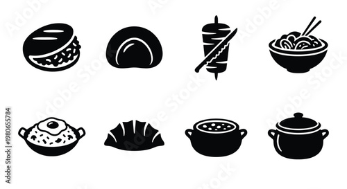 Minimalist world cuisine icon set, 8 black solid food vector symbols, international street food and traditional dishes for restaurant menus