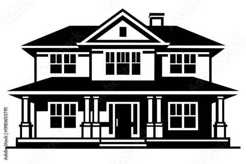 High-contrast black vector illustration of a classic two-story suburban house. Clean architectural graphic of a family home featuring a large front porch, multiple windows, and a chimney.