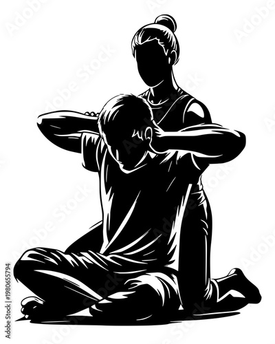 Thai massage therapist stretching seated client's arms and shoulders on floor mat, traditional body manipulation technique, bold black silhouette illustration isolated on background