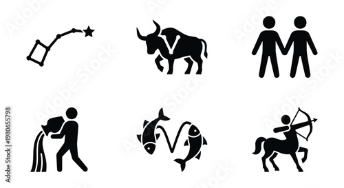 Zodiac signs and astrology icons set, black silhouette horoscope symbols collection, celestial constellation and mystical vector elements