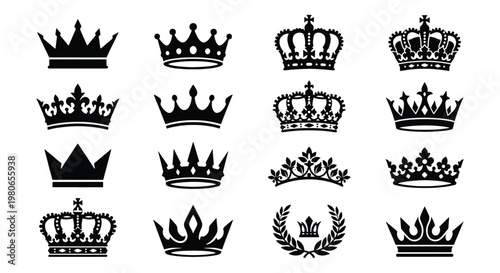 Royal crown icons set, 16 black silhouette king and queen tiaras, heraldic imperial coronet symbols, luxury jewelry vector elements for branding