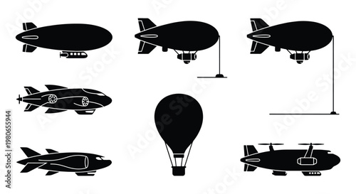 Vintage airship silhouette collection, set of 7 dirigible and hot air balloon vector icons, black zeppelin and blimp transport symbols on white background