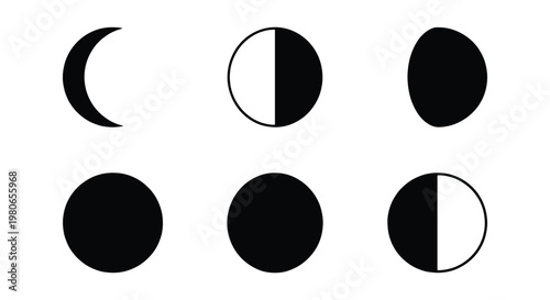 Moon phases vector icons set, black lunar cycle silhouettes on white background, celestial astronomy symbols for calendar and astrology design