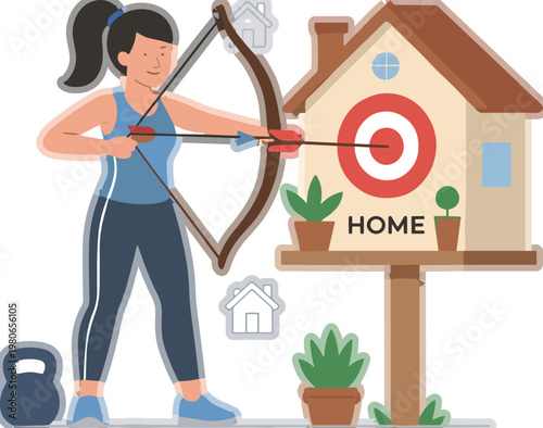 Woman practices archery aiming at house target with bow and arrow outdoors