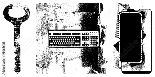 Grunge style vector of a key, keyboard, and phone, isolated on transparent background, digital access symbols, tech and security motifs.