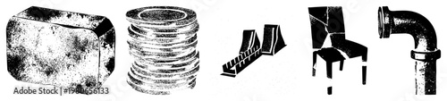 Black and white halftone graphic of industrial items including brick, stacked washers, wedges, fractured chair, elbow pipe isolated vector elements with texture and grit.