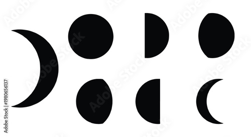 Minimalist moon phases vector set, black lunar cycle icons on white background, celestial astronomy silhouettes for mystical design projects