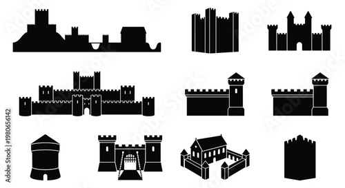 Medieval castle silhouette set, ancient fortress and citadel icons, black stone palace vector collection, 10 historic fortification elements