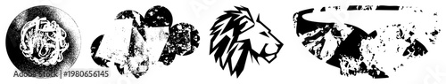 Graphic design elements featuring fragmented shapes, distressed halftone textures, and stylized animal motifs like lion heads, rendered in high contrast vector art.