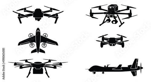 Unmanned aerial vehicle silhouettes, set of 6 drone icons and aircraft vectors, black quadcopter and military uav symbols for technology design