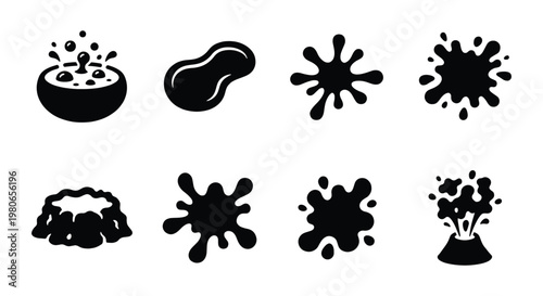 Black oil splash and liquid spill icons, set of 8 vector silhouettes, bubbling tar and petroleum puddle shapes, volcanic eruption and crater symbols
