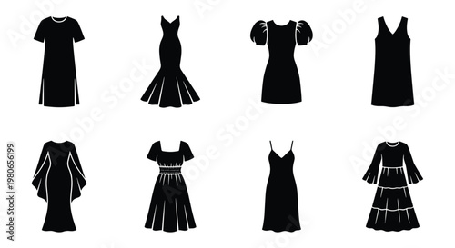 Black dress silhouettes collection, set of 8 female fashion garment icons, elegant evening gown and casual apparel vector illustrations