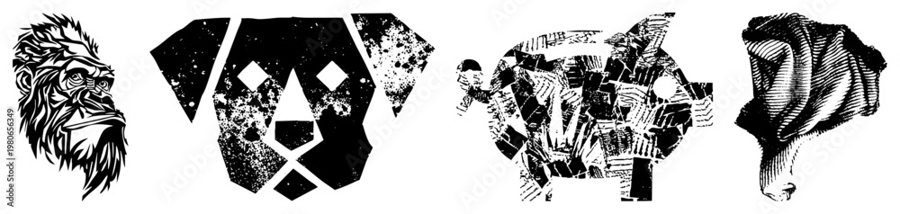 Fototapeta premium Stylized animal heads rendered in high contrast vector art, including gorilla, dog, tiger, and elephant, each with unique geometric or textured, ideal for branding or design elements.