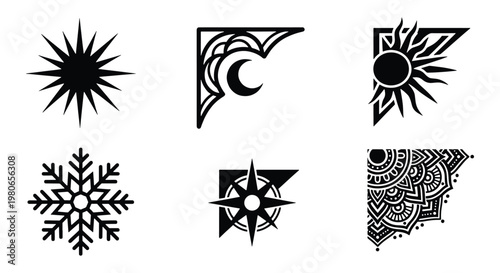 Celestial mystical corner borders and icons set, black sun and moon vector elements, 6 decorative geometric snowflake and star symbols for stationery